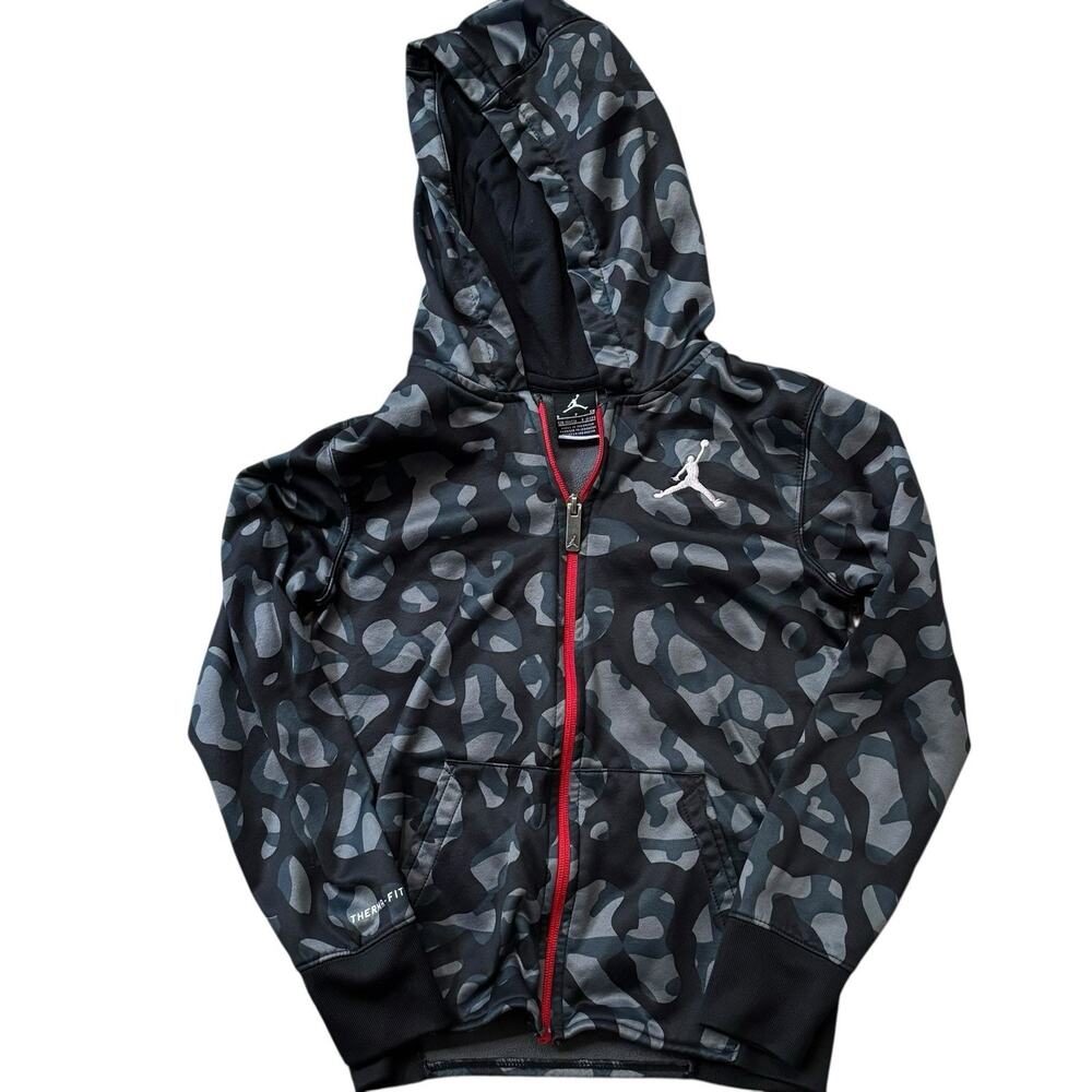 Jordan Kids Black & Gray Camo Zip Hoodie with Red Trim